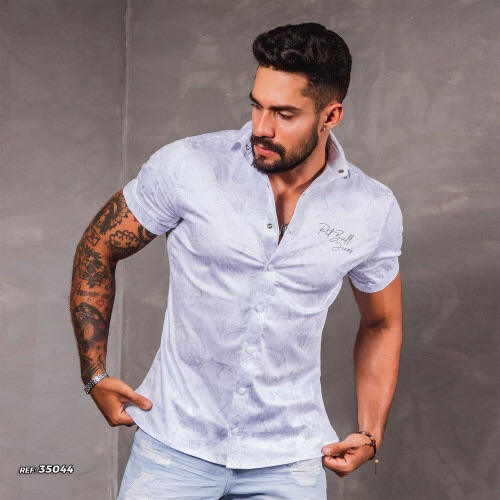 Camisa Masculina Social Manga Curta Pit Bull - Branco