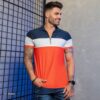 Camiseta Gola Polo com Zíper Pit Bull - Laranja com Azul