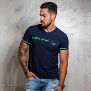 Camiseta Gola V Pit Bull - Azul Marinho com Verde